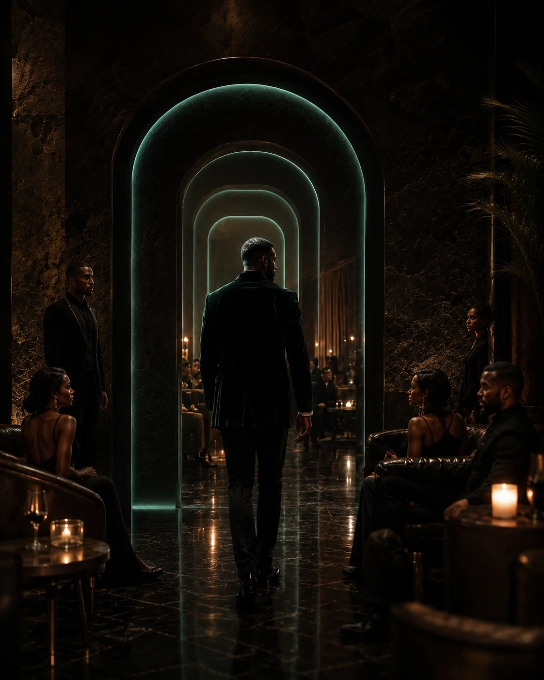 A man in black walking through a series of green-lit archways into a candlelit room, guests seated on either side